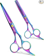ULG Professional Hair Scissors Kit Right-Hand Razor Edge Barber Scissors Salon Hair Cutting Shears Made of Japanese Stainless Steel, Hand Sharpened 6.5 inch Rainbow