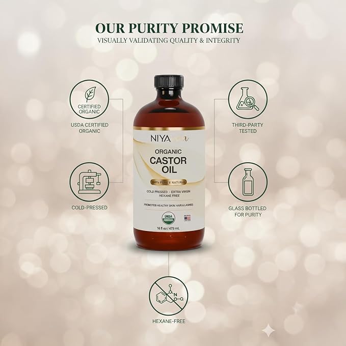 Niyavera Organic Castor Oil USDA Certified 16oz - 100% Pure Golden Cold Pressed Unrefined Hexane Free for Hair Growth, Eyelashes, Eyebrows, Skin - Glass Bottle with Pump