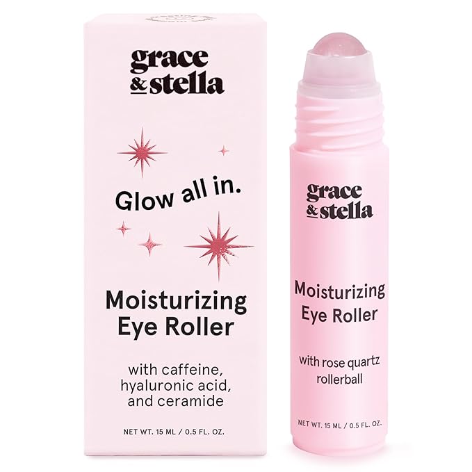 grace & stella Under Eye Brightener with Rose Quartz Rollerball - Hyaluronic Acid & Caffeine Eye Serum for Dark Circles & Puffiness - Travel Size Toiletries, Womens Christmas Gifts (15ml / 0.51floz)