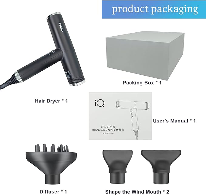 Professional Ionic Hair Dryer High-Speed 110000 RPM Low Noise Temperature Control Portable Negative Ionic Blow Dryer with Diffuser and Concentrator for Home, Travel and Salon