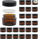 24 Pack 1 oz Round Amber Glass Cosmetic Jars with Lids And Inner Liners, Travel Glass Jars, Refillable Cosmetic Containers for Lotion, Lip Scrub, Makeup, Eyeshadow, Slime, Paint