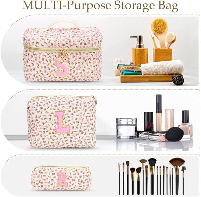 3 PCS Travel Makeup Bag Set, A–Z Initials Cotton Quilted Cosmetic Bag for Women & Preppy, Personalized Toiletry Bag Travel Accessories Makeup Brushes Organizer, Valentine’s Day & Birthday Gift for Her