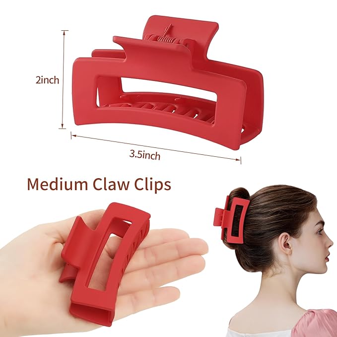 3.5 Inch Medium Hair Claw Clips 6 Pack Hair Clips for Women Square Rectangle Claw for Hair Banana Jaw Clips Hair Accessories for Girls -Red