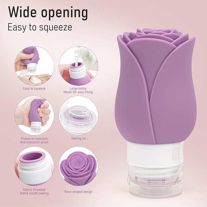 3 OZ Travel Bottles Leakproof for Travel TSA Approved & Refillable Mini Cream Containers Set 8 Pack – Silicone Squeeze Tube Rose Bottle for Shampoo Lotion Body Wash BPA Free with Bag, Purple