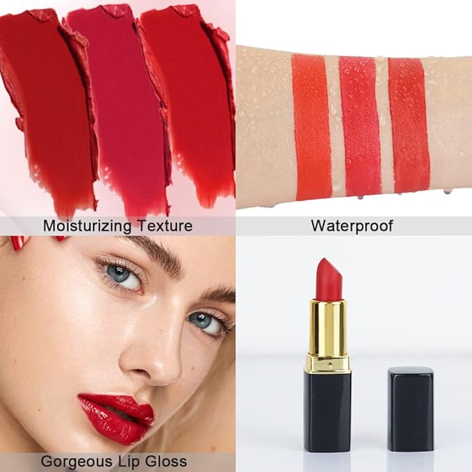 evpct 3Pcs Red Matte Lipstick Set for Older Women Long Lasting, Dark Light Bright Ruby Berry Red Matte Velvet Long Lasting Lipstick Waterproof Smudge Proof 24 Hours Original Lip Stick Stain Makeup Kit