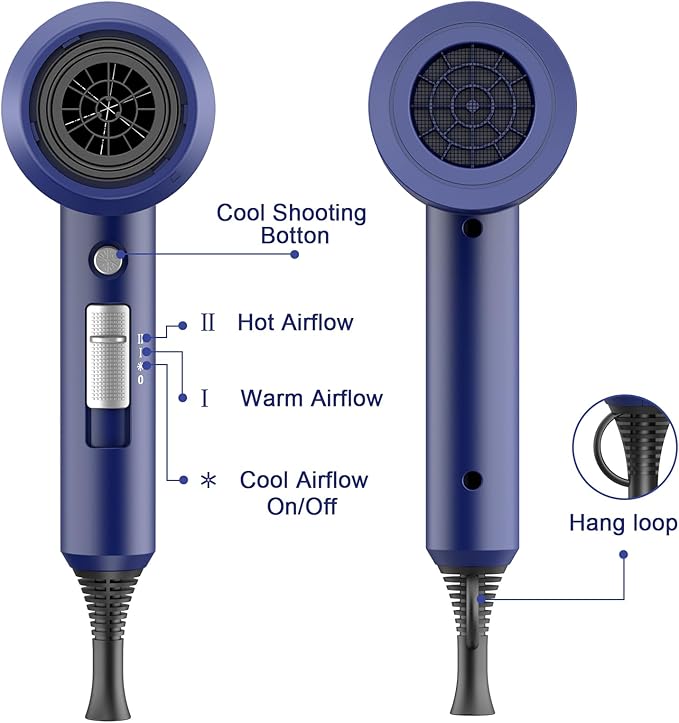 Slopehill Professional Ionic Hair Dryer, Powerful 1800W Fast Drying Low Noise Blow Dryer with 2 Concentrator Nozzle 1 Diffuser Attachments for Home Salon Travel (Prussian Blue)