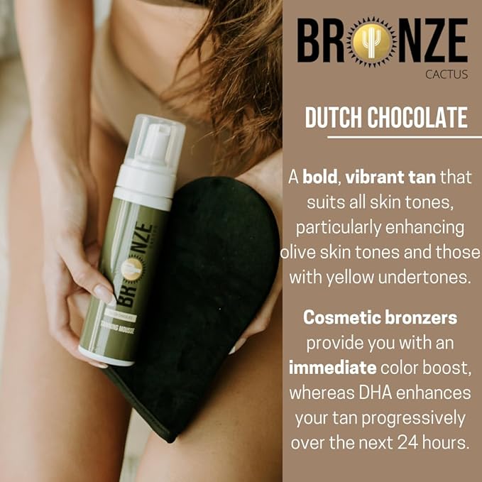 Dutch Chocolate Deluxe Self Tanner Mousse – | Violet Base to Neutralize Orange Undertones | Natural Rich Brown Tan | Vegan & Cruelty-Free | Fast Dry | Hydrating with Hyaluronic Acid