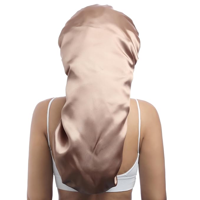 AWAYTR Long Satin Bonnet for Braids - Elastic Silk Hair Bonnets for Sleeping Night Cap Stretchy Tie Band for Women（Champagne）
