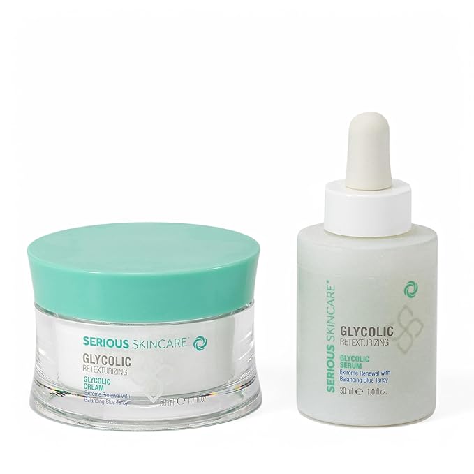 Serious Skincare Glycolic Acid Serum & Face Moisturizer Cream, Facial Renewal Skin Care Set, Exfoliating, Hydrating, Refine Texture, Lines, Pores, Discoloration, Skin Balancing Blue Tansy - Anti-Aging