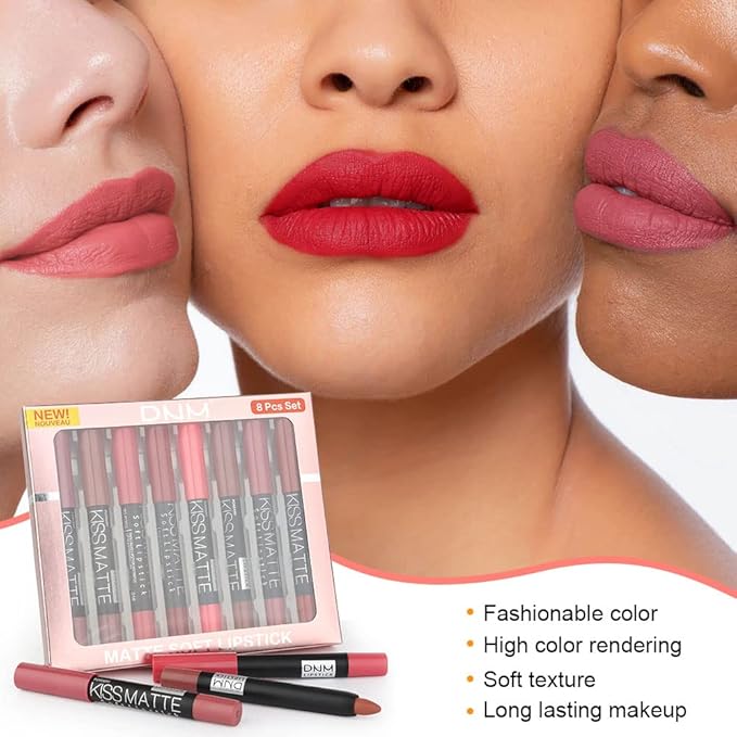 evpct 8Pcs Nude Pink Beige Ruby Rose Red Brown Mauve Matte Lipstick and Lip Crayon Lip Liner Pencil Pen Set for Women labial labiales mate magicos 24 horas originales pintalabios permanente 24 horas
