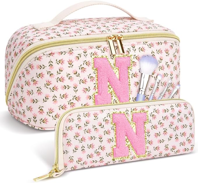 Personalized Travel Makeup Bag Set,Initial Travel Cute Floral Makeup Organizer Bag,Toiletry Skincare Cosmetic Bag,Valentine’s Day Gifts for Women/Girls,Open Flat Toiletry Pouch with Brush Pocket-S