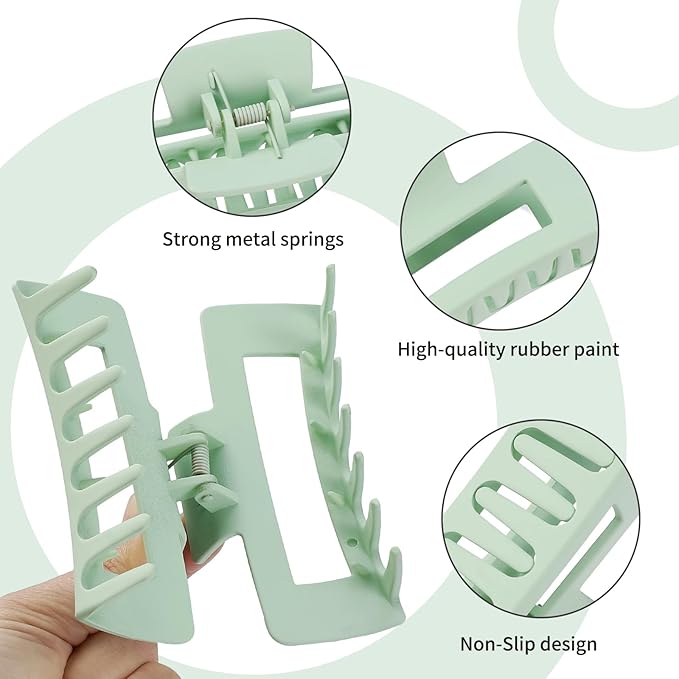 4 Inch Big Hair Claw Clips 6 Pcs Large Claw for Thick Hair Square Hair Clips for Women Rectangle Hair Clips Nonslip Acrylic Banana Jaw Clips Hair Accessories for Girls (Green)