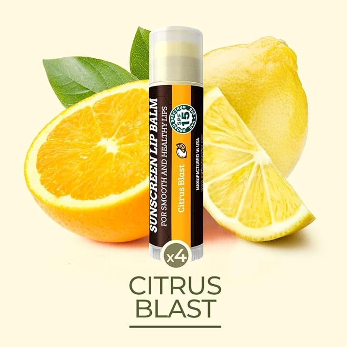 Earth's Daughter SPF Lip Balm 4-Pack Citrus Flavor Stocking Stuffers - Lip Sunscreen, SPF 15, Organic Ingredients, Beeswax, Coconut Oil, Vitamin E - Hypoallergenic, Paraben Free, Gluten Free