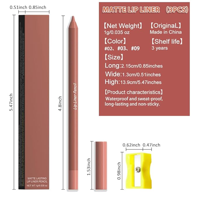 evpct 3Pcs Nude Brown Burnt Orange Matte Long Lasting Wear Lip Liner Pencils Makeup Set for Shaping & Sculpting Lips, No Transfer Waterproof Pigmented Lip Liner Crayon lipliners Lipstick Pencil 2+3+9