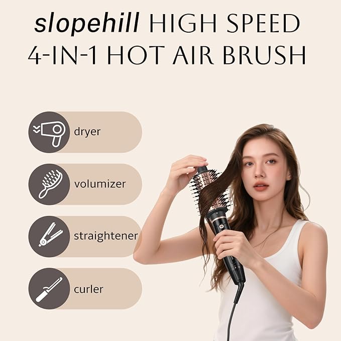 slopehill Hair Dryer Brush Blow Dryer, 6X High Speed Hot Air Blowout Brush with 2 Interchangeable Oval Brushes,1600W & 100000RPM Fast Drying, Straightening,Volumizing&Curling Hair,8 Modes Less Frizzy