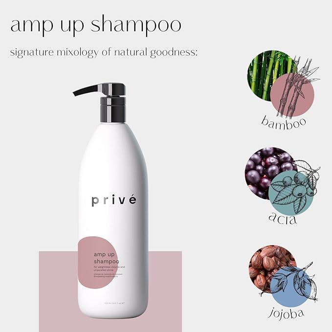 Privé Amp Up Volumizing Shampoo for Fine, Thin Hair - Lightweight, Sulfate-Free Hair Shampoo for Women & Men - Adds Body, Lift & Shine and Refreshes Scalp - Formulated with Bamboo & Acai (33.8 oz)