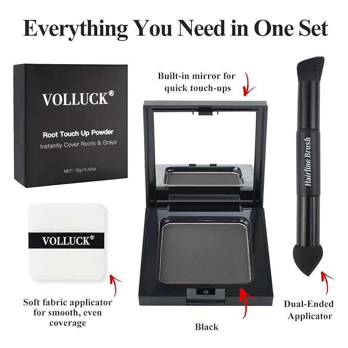 VOLLUCK Root Touch up Powder, Long-lasting Gray Hair Cover up Powder for All Hair Types, Waterproof for Women and Men (Black, 0.42 0unce)