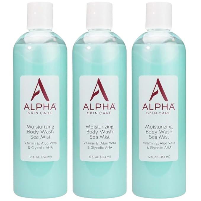 Alpha Skin Care Moisturizing Body Wash, Gentle Soap-Free Anti-Aging Formula, Glycolic AHA, Vitamin E & Aloe Vera, Conditions & Soothes, All Skin Types Hydroxy Acid, 12 Oz, Pack of 3
