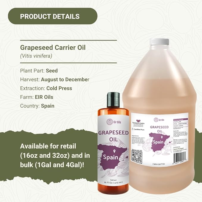 Grapeseed Oil - Pure Grapeseed oil for Skin - 100% Pure Carrier Oil for Hair, Face, and Skin - Direct from EIR Oils in the Beautiful Spanish Countryside (4 Gallons)
