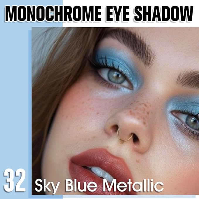 Sky Blue Metallic Single Eyeshadow, Lightweight Blendable Mini Eye Shadow for Older Women, Monochrome Eyeshadow Palette Makeup Pigmented Waterproof, Vegan & Cruelty-Free, 32