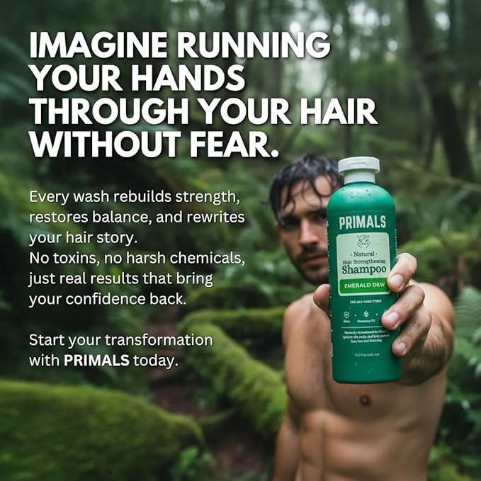 PRIMALS Hair Strengthening Shampoo - Caffiene, Biotin, Raw Honey, Rosemary Oil - Anti Hair Thinning - Natural Ingredients - Zero Artificial Fragrances, Sulfates, Parabens, or Dyes - 13.5 Fl Oz
