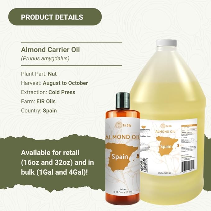 Sweet Almond Oil - for Skin and Hair - Carrier Oil for Essential Oils Mixing - From EIR Oils' Farm in Mallorca, Spain - 1 Gallon
