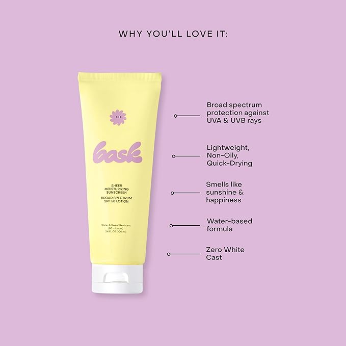 Bask Suncare SPF 50 Sheer Moisturizing Sunscreen Lotion - Broad Spectrum UVA/UVB Protection, Dermatologist Recommended, Hydrating, Lightweight & Non-Greasy, No White Cast, Travel Size, 3.4 fl oz