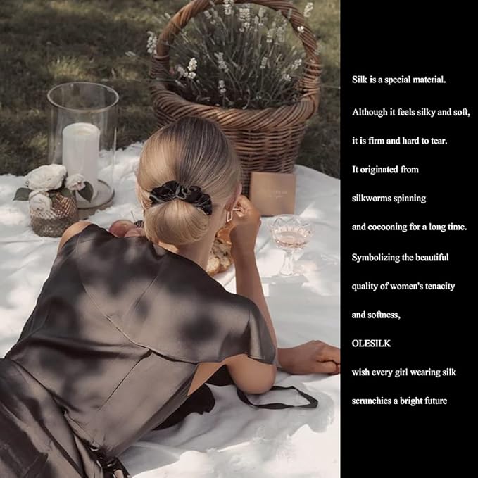 OLESILK 100% Mulberry Silk-Scrunchies for Hair Sleep, Women Grils Silk Hair Ties for Frizz & Breakage Curly Hair, No Damage, Elastics Ponytail Holder, 3 Pack