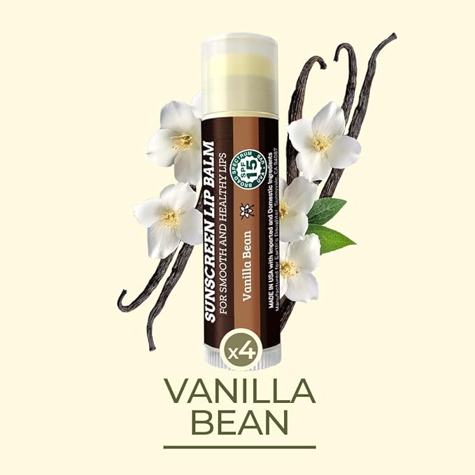 Earth's Daughter SPF Lip Balm 4-Pack - Lip Sunscreen, SPF 15, Organic Ingredients, Vanilla Flavor, Beeswax, Coconut Oil, Vitamin E - Hypoallergenic, Paraben Free, Gluten Free
