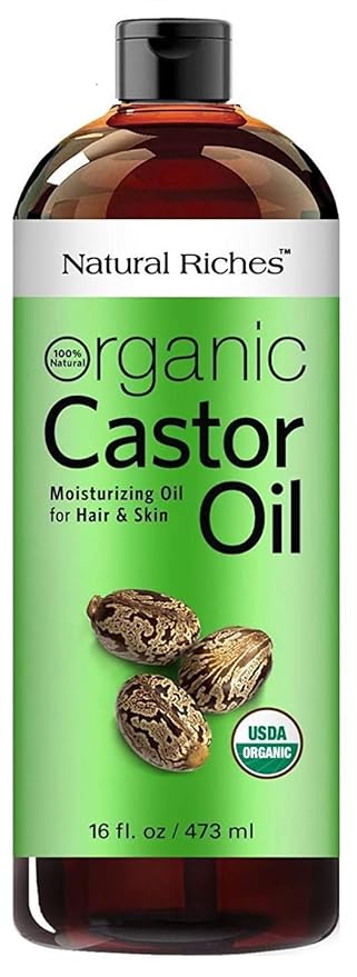 Natural Riches Organic Castor Oil - Cold Pressed, USDA Certified for Hair Growth, Thicker Eyelashes, Eyebrows - Moisturizes Dry Skin and Hair, Helps with Dandruff - Hexane-Free, 16 fl. oz.