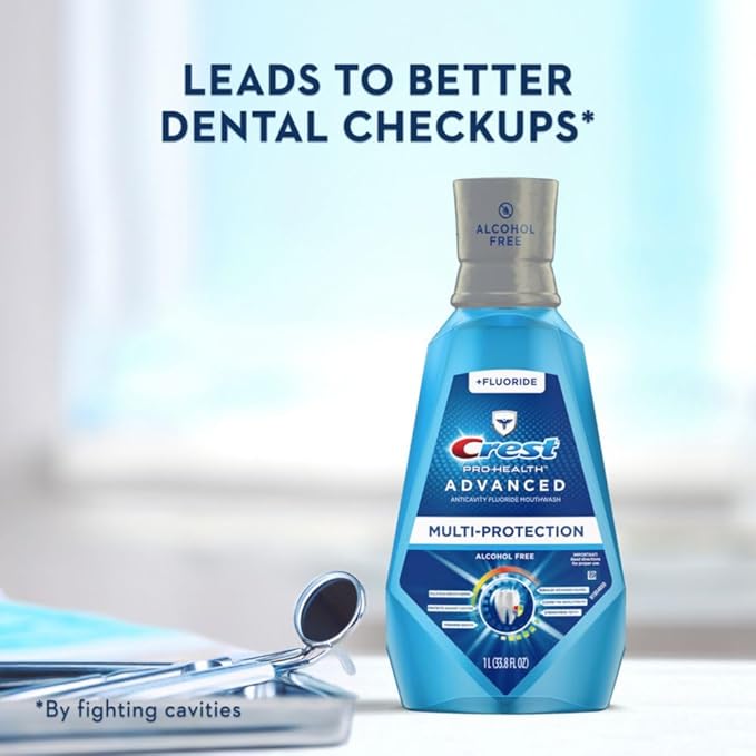 Crest Pro-Health Advanced Mouthwash, Alcohol Free, Multi-Protection, Fresh Mint, 1 L (33.8 fl oz), Pack of 2, Blue