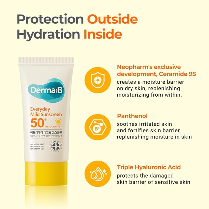 Derma B Everyday Mild Sunscreen SPF50+ PA++++ 1.69 Fl Oz, 50ml Fast-Absorbing Lightweight SPF Sunblock Moisturizer, Facial Body Non-Sticky for Dewy Skin, Korean Sunscreen Lotion for Sensitive Skin