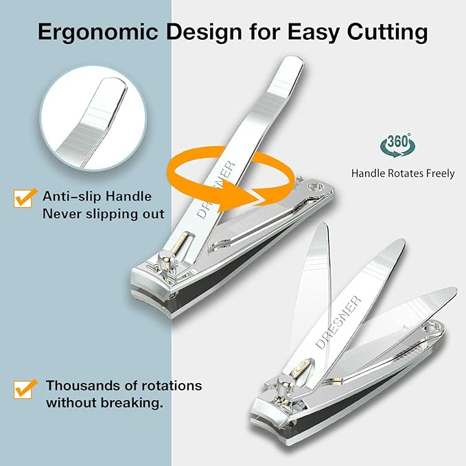 2PCS Stainless Steel Nail Clippers Set, Professional Fingernail and Toenail Clippers Wide Easy Press Lever Nail Trimmer with Swing Out Cleaner File for Men and Women
