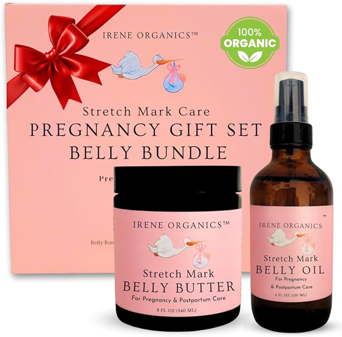 Belly Bundle by Irene Organics - Organic Belly Butter and Oil for Pregnancy Stretch Mark Prevention and Treatment - Award Winning Skincare For Pregnancy and Postpartum - Mother's Day Gift Set (Large)