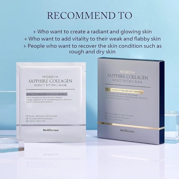 WELLDERMA Sapphire Collagen Impact Hydrogel Fitting Mask, 25g x 8 Sheets – Hydrating & Firming Micro-Hole Sheet Mask with Collagen Water 850,294ppm, Niacinamide & Peptides