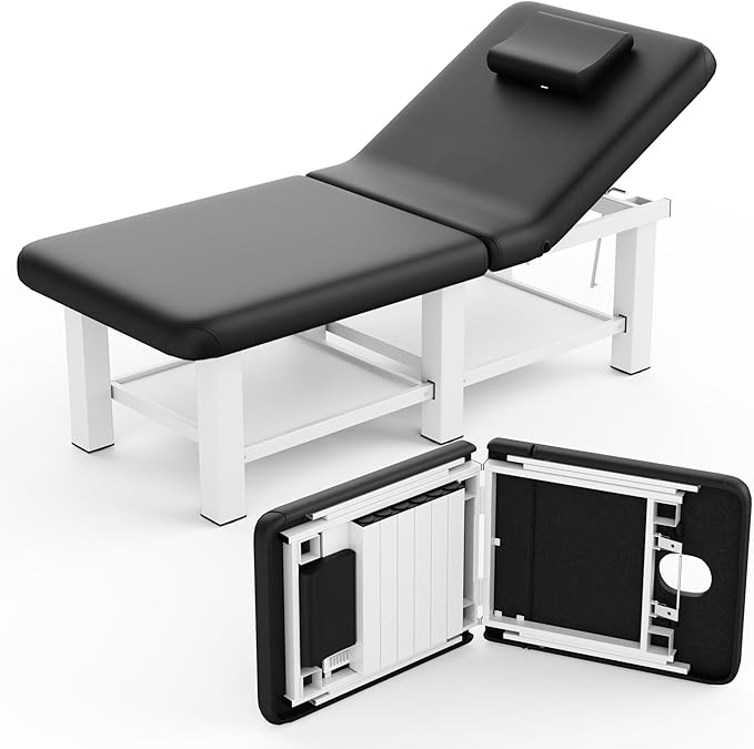 30.5'' Wide × 75'' Long Folding Stationary Massage Table with Backrest and Storage Space for Treatment Table Physical Therapy Table Spa Facial Bed, 6 Square legs, Metal Frame PU Leather - Black