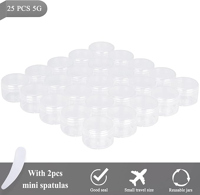 25PCS 5 Gram Sample Containers, 5ml Empty Jars with Lids, Small Cosmetic Containers, Mini Sample Jars with 2PCS Mini Spatulas for Make Up, Oils, Lotion, Powder, Paint, Jewelry, Lip Balms(Clear Lid)