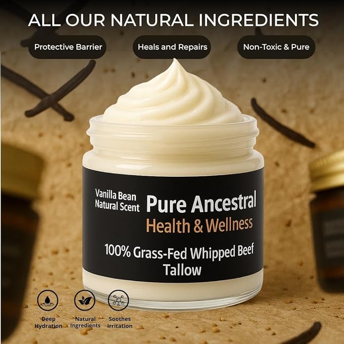 Pure Ancestral Health & Wellness 100% Grass Fed Beef Tallow for Skin Care - Face + Body - Whipped Moisturizer for Sensitive Skin - Natural Lotion | Large 9 Oz Jar. (Vanilla Scented)