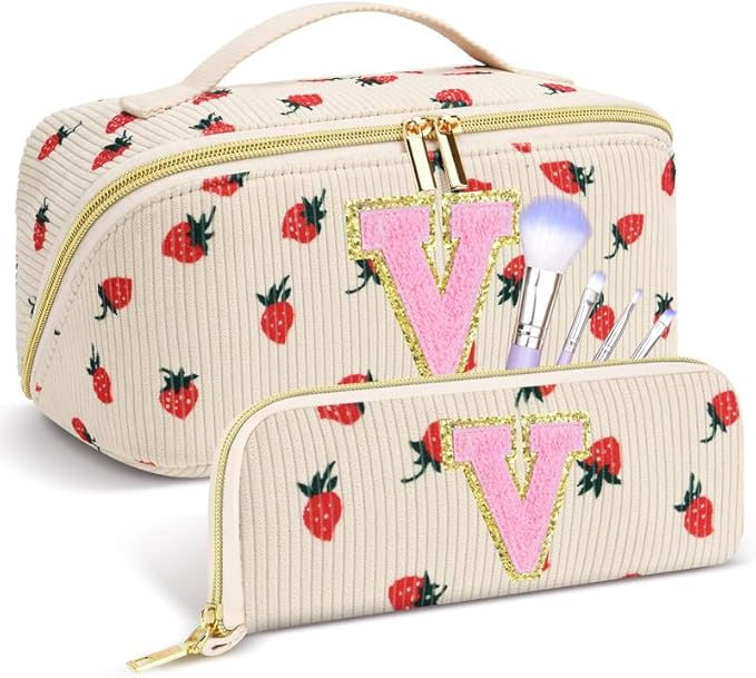 Personalized Travel Makeup Bag Set,Initial Travel Strawberry Makeup Organizer Bag,Toiletry Skincare Cosmetic Bag, Valentine's Day Gifts for Women/Girls/Teen,Open Flat Toiletry Pouch with Brush Bag
