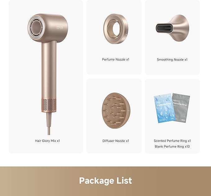 Dreame Glory Mix High-Speed Hair Dryer, Dual Voltage, 3 Magnetic Nozzles, Perfume Infusion, Customized Fragrant Drying, NTC Control, 300M Negative lons, 110,000RPM Motor, 336g Lightweight, Gold