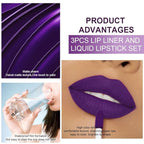3Pcs 2 in 1 Lavender Dark Violet Purple Matte Lip Liner and Liquid Lipstick Stain Makeup Set for women, Long Lasting Smudge Proof Lip Tint Matte Finish Lip Gloss for All-Day Color Hold, Set24