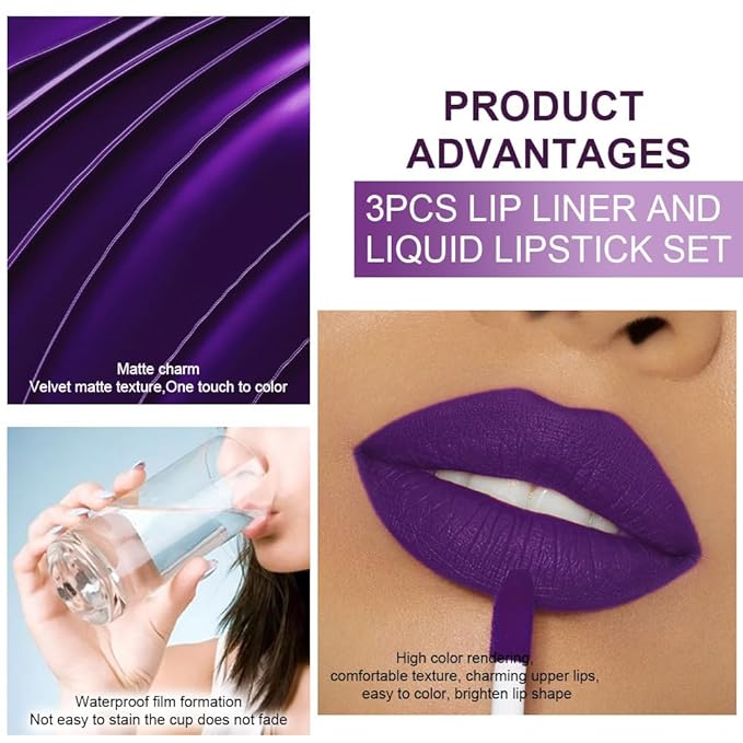 evpct 3Pcs Lavender Dark Violet Purple Matte Lip Liner & Liquid Lipstick Stain Makeup Set for Women, Lip Liner Stain Long Lasting Waterproof Smudge Proof, Cruelty Free Lip Makeup 24 hours originales