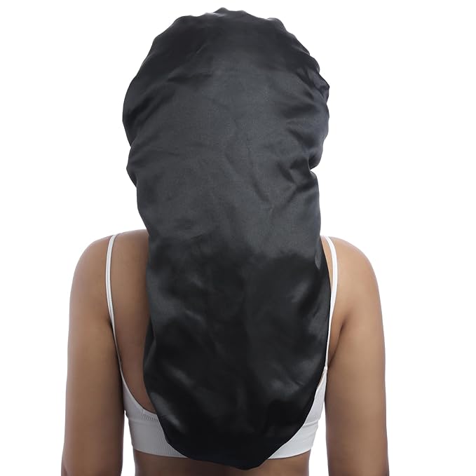 AWAYTR Long Satin Bonnet for Braids - Elastic Silk Hair Bonnets for Sleeping Night Cap Stretchy Tie Band for Women（Black）