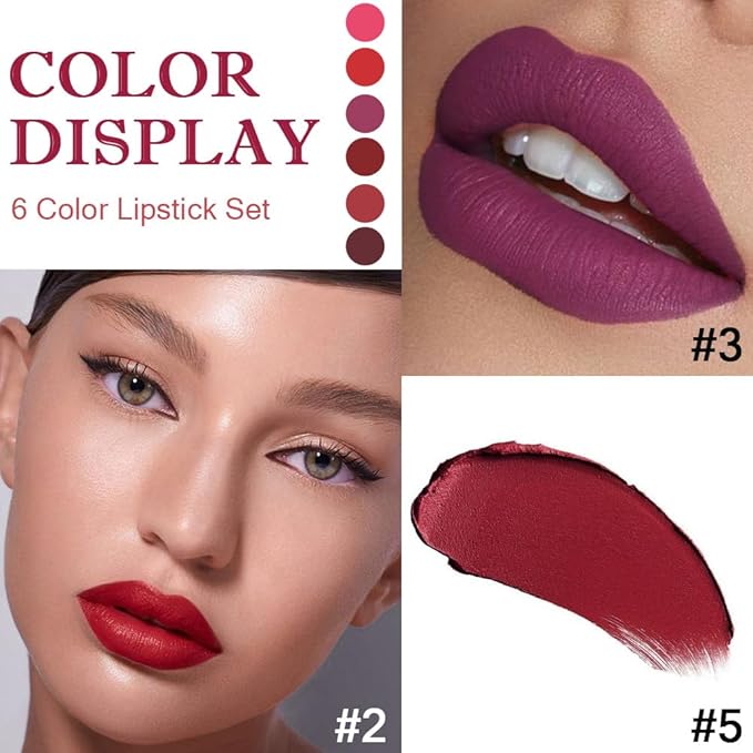 evpct 6Pcs Pink Dark Ruby Wine Red Plum Purple Matte Lipstick Sets for Women Velvet Lipstick Long Lasting Waterproof 24 Hours Lip Stick Stain Makeup Gift Set labiales mate 24 horas originales B