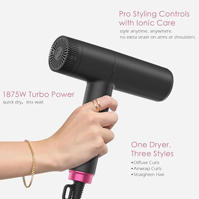 TOME Hair Dryer with Diffuser 1875W High Speed Blow Dryer Ionic 110000 RPM Cool Shot Lock 1 inch Air Curling Wands Nozzle Light Weight Hot Pink