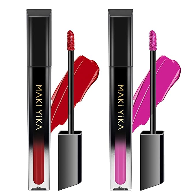 MAKI YIKA 2Pcs Matte Liquid Lipstick Set MVP Red Hot Pink Lipstick Long Lasting Smudgeproof Transfer Proof Lip Makeup, MVPRed/HotPink