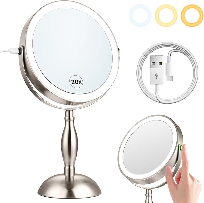 20x Magnifying Mirror with Light, 3 Color Modes and Adjustable Brightness with Lighted Makeup Mirror, Side Charging Port & SideTouch Sensor, 360° Rotation Double Sided Brushed Nickel