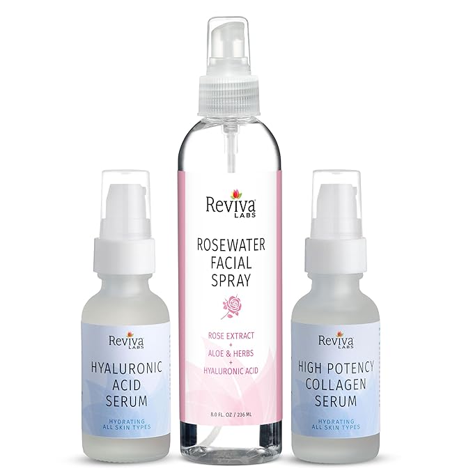 Reviva Labs Ultimate Hydration Trio – 3-Piece Hydrating Skincare for Dry Skin featuring Rosewater Facial Spray, Hyaluronic Acid Serum, and Collagen Serum for Face – Winter Skincare Gift Set for Women