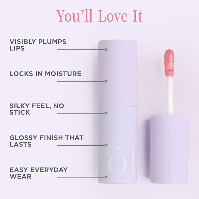 Cote Beauty's Peptide Lip Shine in Lyla, Ultra Hydrating & Long-Lasting Coral Plumping Lip Gloss for Women with Hyaluronic Acid, Shea Butter & Jojoba Oil, Vegan & Cruelty-Free, 0.12 Fl Oz