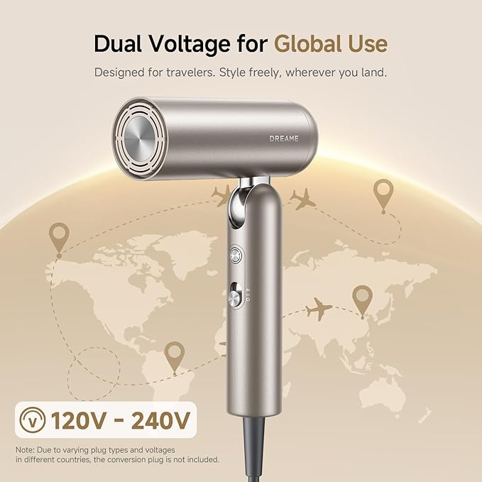Dreame Pocket Pro Hair Dryer, Dual Voltage Travel Blow Dryer with Diffuser, 1300W Professional HighSpeed Ionic Hair Blower, Fast Drying, Low Noise, Lightweight, No Heat Damage, Global Travel 120V/240V
